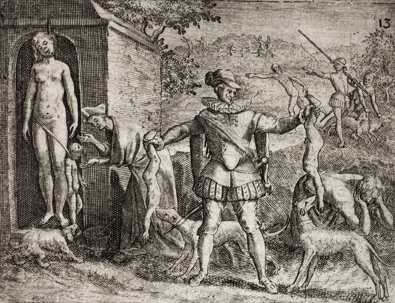 Descrição dos crimes infligidos aos índios por colonos espanhóis - Conquistadores espanhóis massacrando mulheres e crianças indígenas. Enforcamento. Crianças jetes aux chiens - Gravura de Theodore de Bry em "Narratio regionum indicarum per Hispanos quosdam de Theodore de Bry