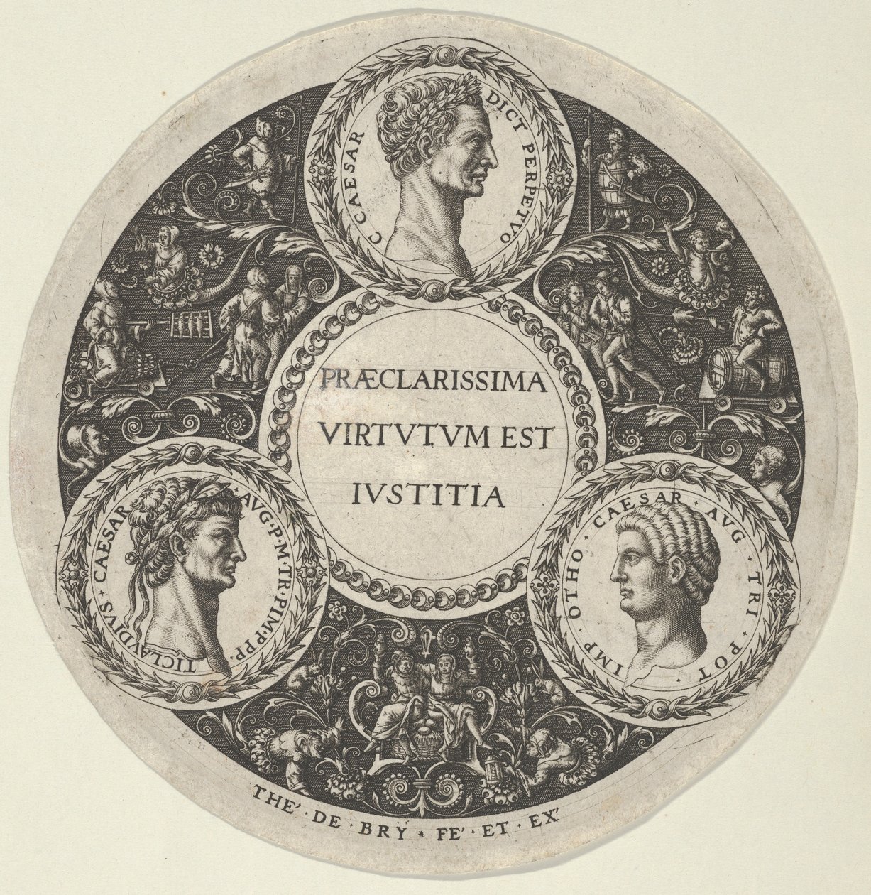 Projeto para um prato com retratos dos imperadores romanos César, Cláudio e Otão, ca...., ca. 1588. de Theodore de Bry