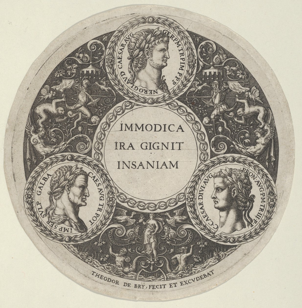 Design para um prato com retratos dos imperadores romanos Nero, Galba e Calígula, ca. ..., cerca de 1588. de Theodore de Bry