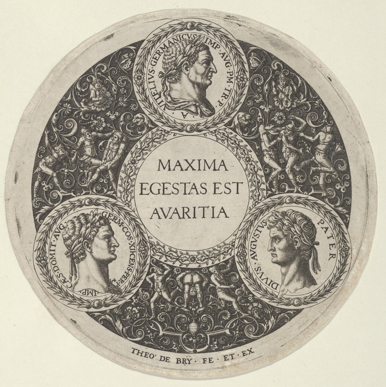 Projeto para um prato com retratos dos imperadores romanos Vitélio, Domiciano e Augusto..., ca. 1588. de Theodore de Bry