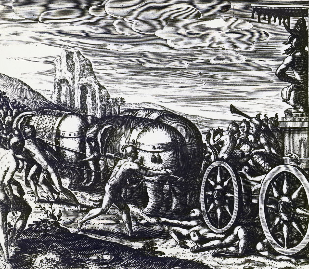 Devotos sendo esmagados por carruagem durante procissão de ídolo, por Theodor de Bry (1528-1598), gravando de Theodore de Bry