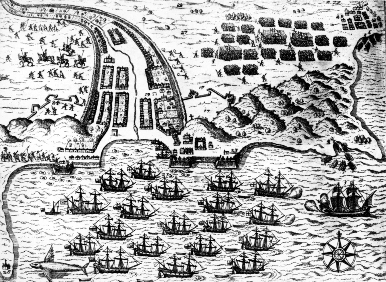 Drake capturou o barco "Saint Giacomo" na ilha de Capo Verde, em 1585, por De Bry de Theodore de Bry