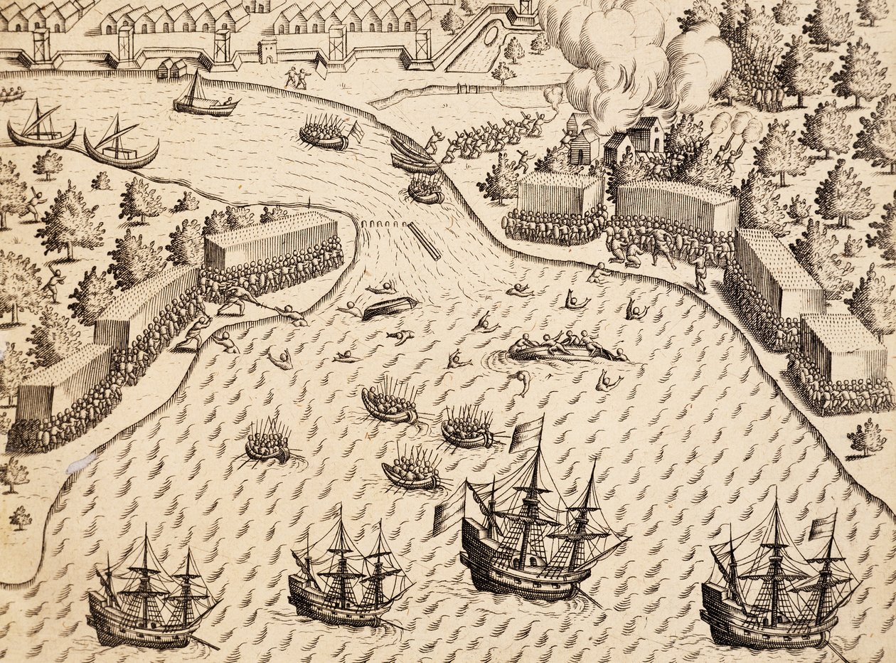 Holandês chegando à Ilha Madura, Java, gravura de obra India Orientalis, de Theodor de Bry (1528-1598), Indonésia de Theodore de Bry