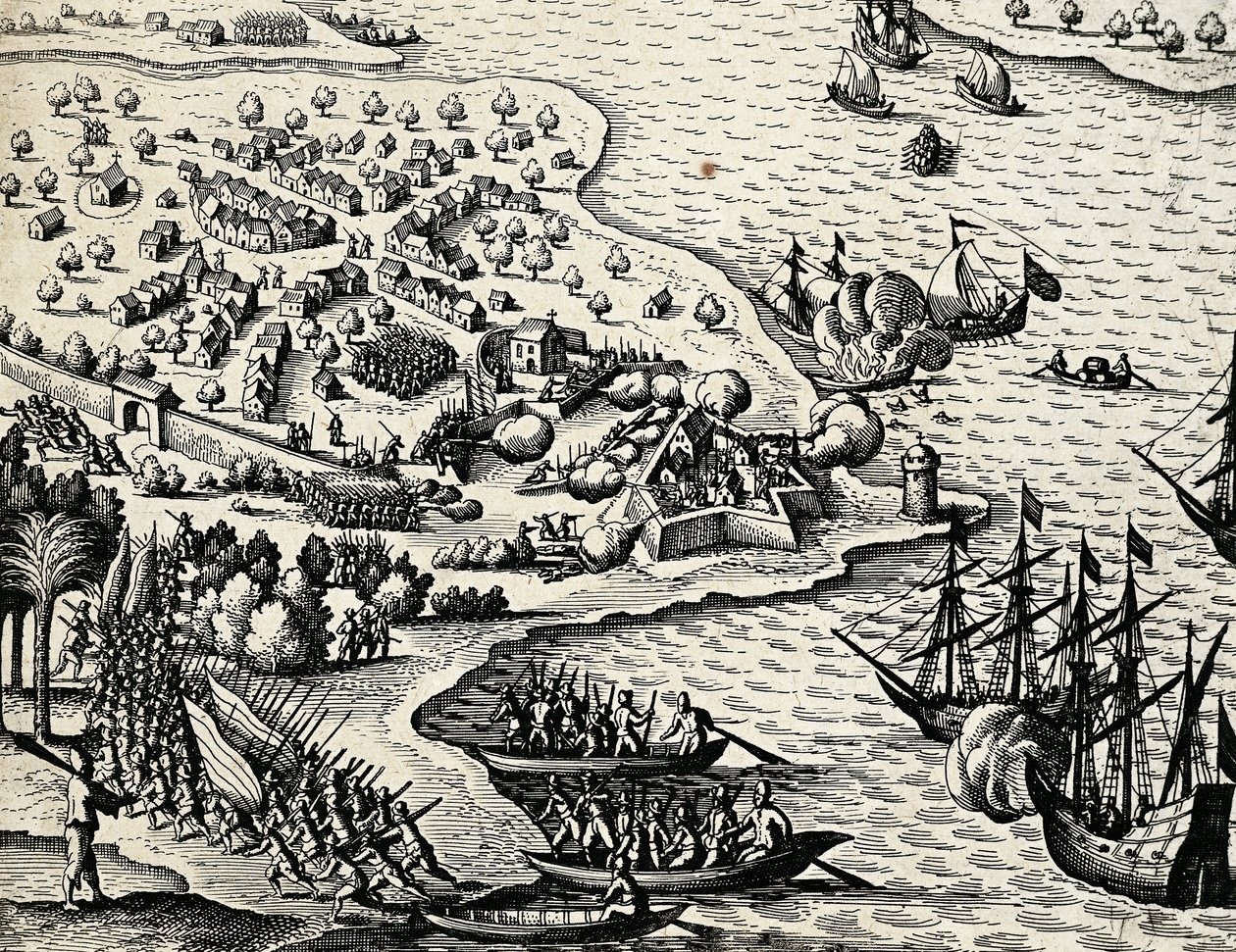Expedição holandesa ao longo da costa de Moçambique, gravura da Índia orientalis por Theodor de Bry (1528-1598) de Theodore de Bry