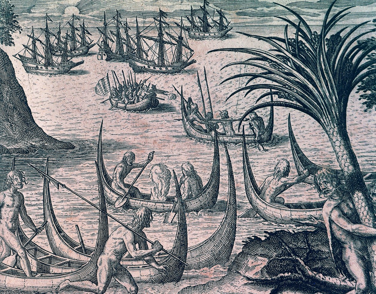 Navios holandeses no Estreito de Magalhães, gravura da História americana de Theodore de Bry (1528-1598), Frankfurt de Theodore de Bry