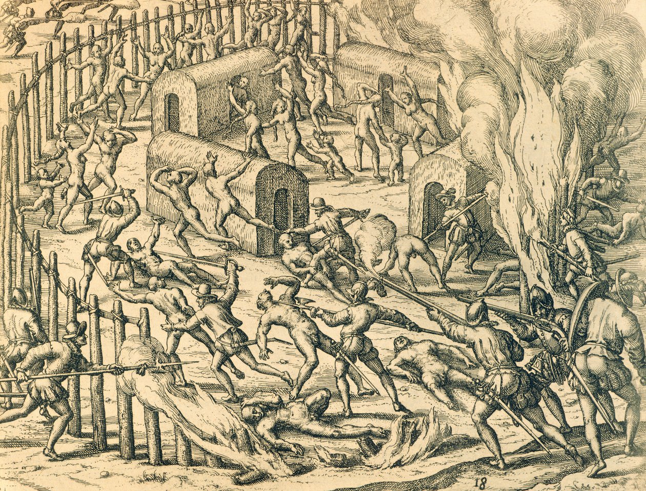 Conquistadores Europeus Atacando uma aldeia indígena, Ilustração da História Americana por Theodore de Bry de Theodore de Bry