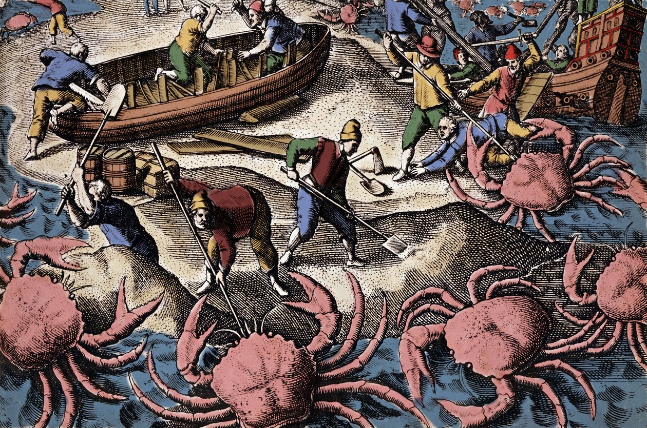 Navegadores europeus a lutar contra o caranguejo grande. Gravura de "Petities voyages aux Indes Orientales" de Theodore de Bry de Theodore de Bry