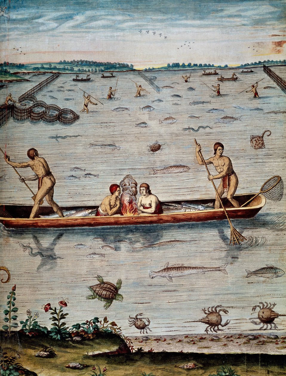 Técnicas de pesca dos nativos da Virgínia, gravura de Theodor de Bry (1528-1598) de Admiranda narratio trust tamen, commodis et de incolarvm ritibvs Virginae de Theodore de Bry