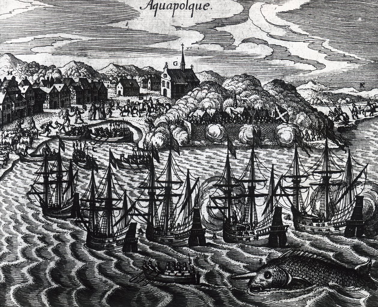 Frota de galeões no Porto de Acapulco, de Theodor de Bry (1528-1598), gravura de Theodore de Bry