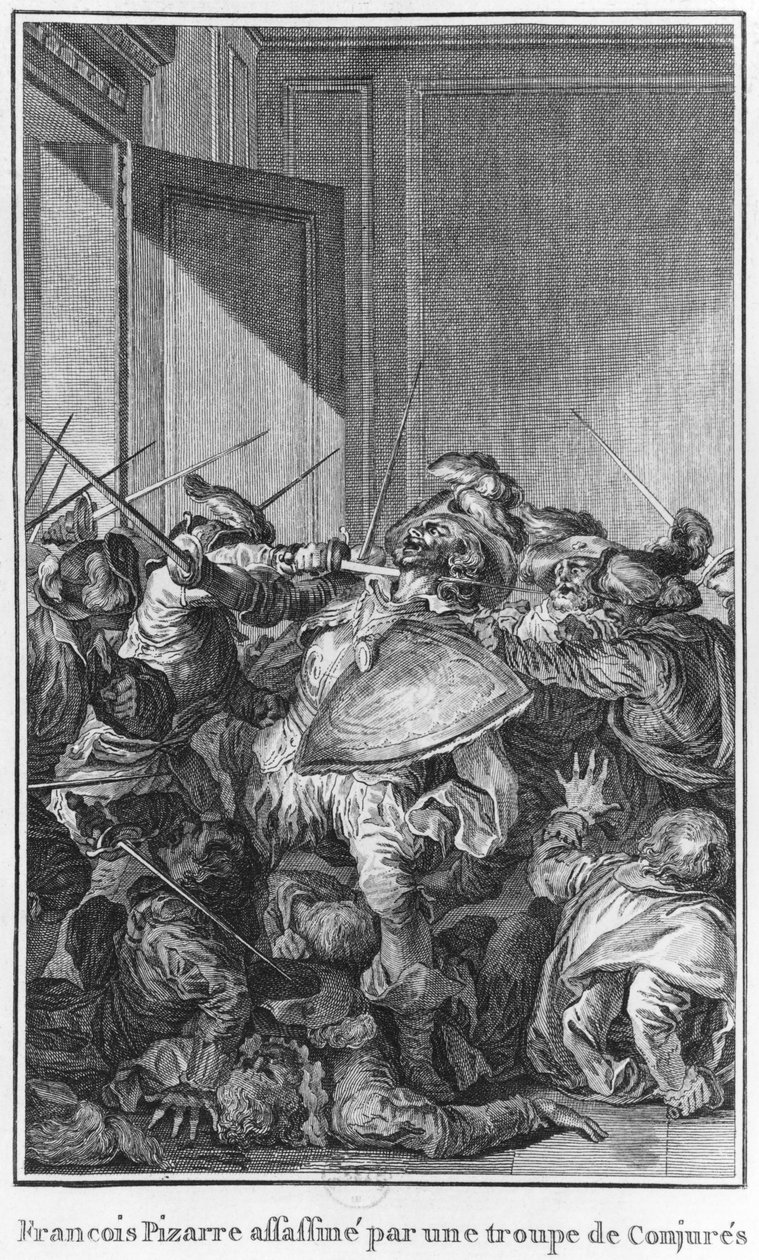 Francisco Pizarro assassinado por um exército de conspiradores, 1541 de Theodore de Bry