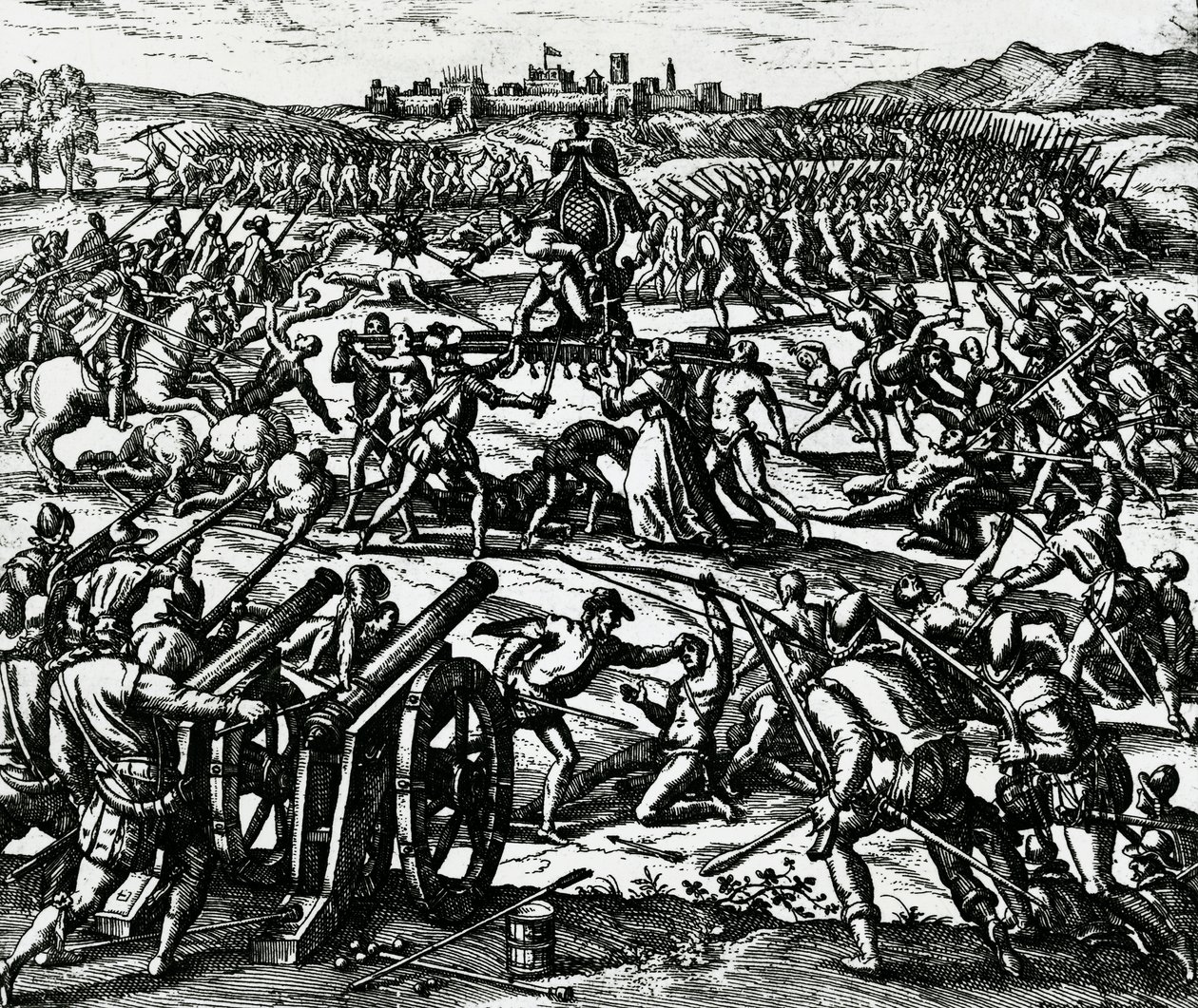 Tropas de Francisco Pizarro (ca. 1475-1541) capturando o Imperador Incas Atahualpa durante a Batalha de Cajamarca, 16 de novembro de Theodore de Bry