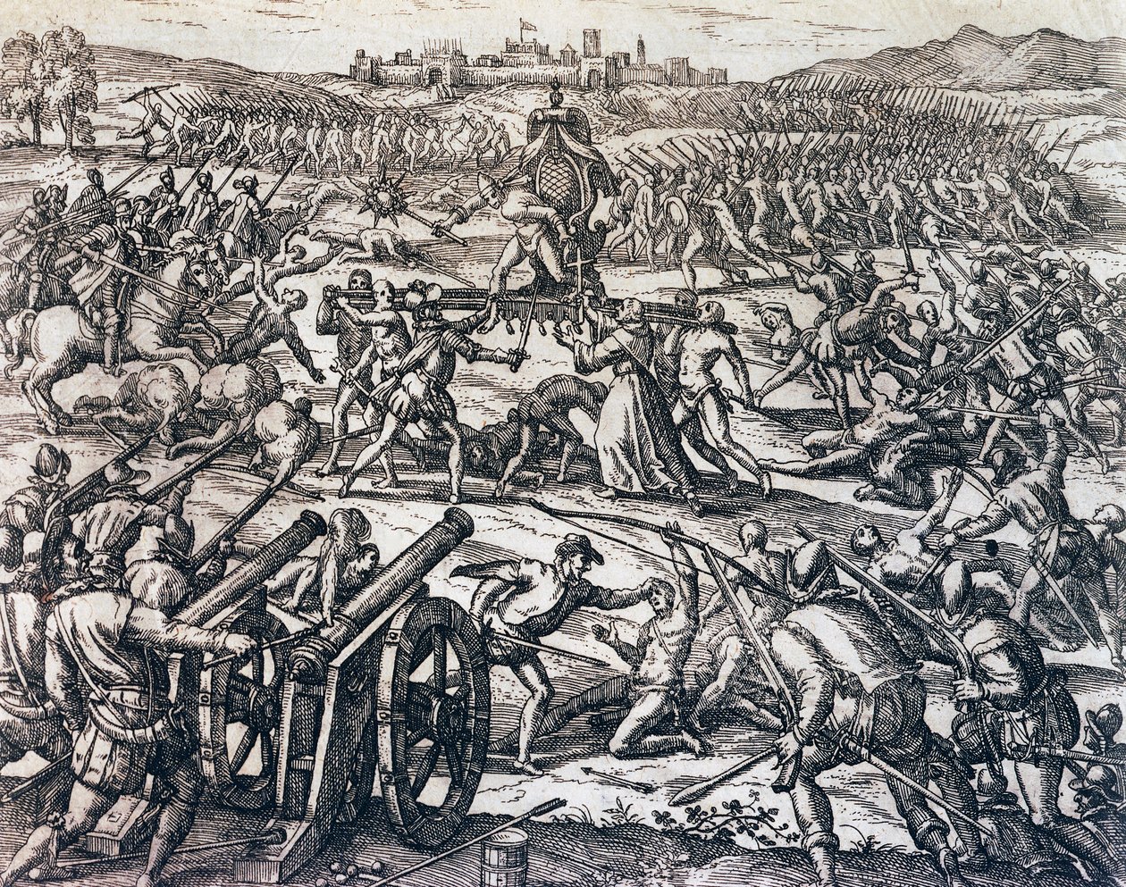 As tropas de Francisco Pizarro (cerca de 1475-1541) capturando o Imperador Inca Atahualpa durante a Batalha de Cajamarca, 16 de novembro de Theodore de Bry
