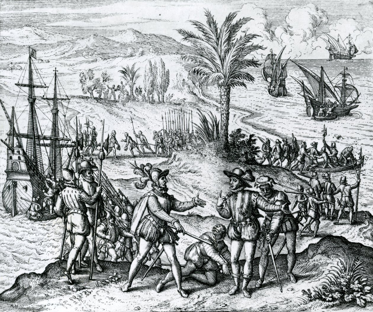 Francisco de Bobadilla chegando como governador e prendendo Cristóvão Colombo (1451-1506) em Hispaniola, 1500, 1590 de Theodore de Bry