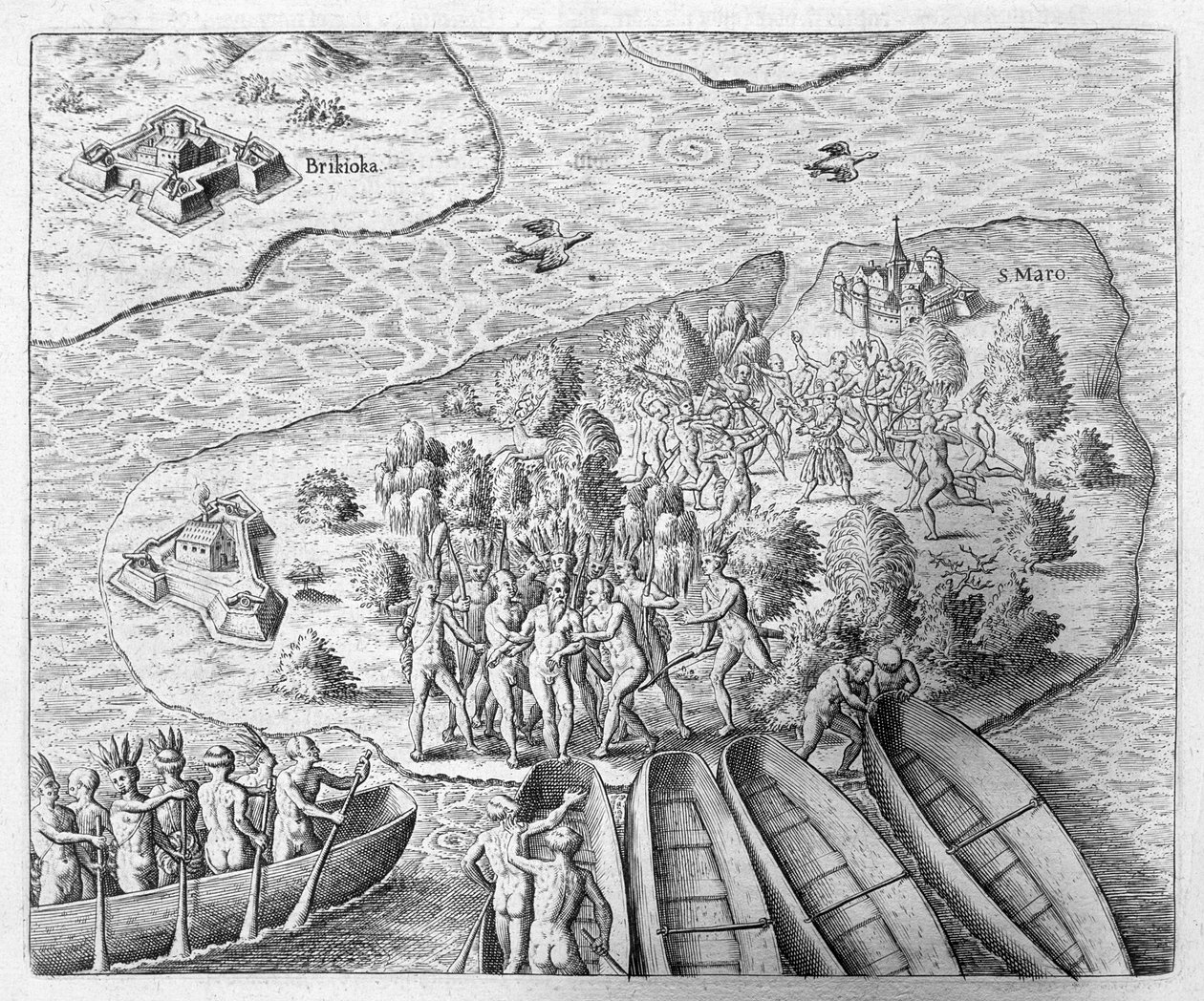 Hans Staden capturado por índios tupinambás durante sua viagem ao Brasil em 1552, de Newe Welt und Americanische Historien, de Johann Ludwig Gottfried, publicado por Mattaeus Merian, Frankfurt, 1631 de Theodore de Bry
