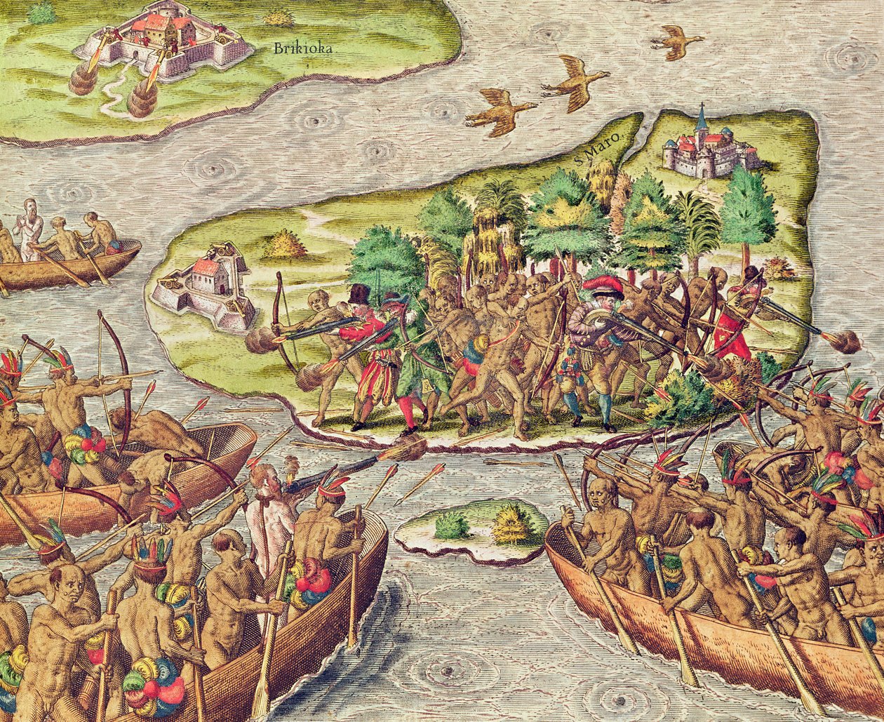 Hans Staden é capturado por nativos americanos no Brasil de Theodore de Bry