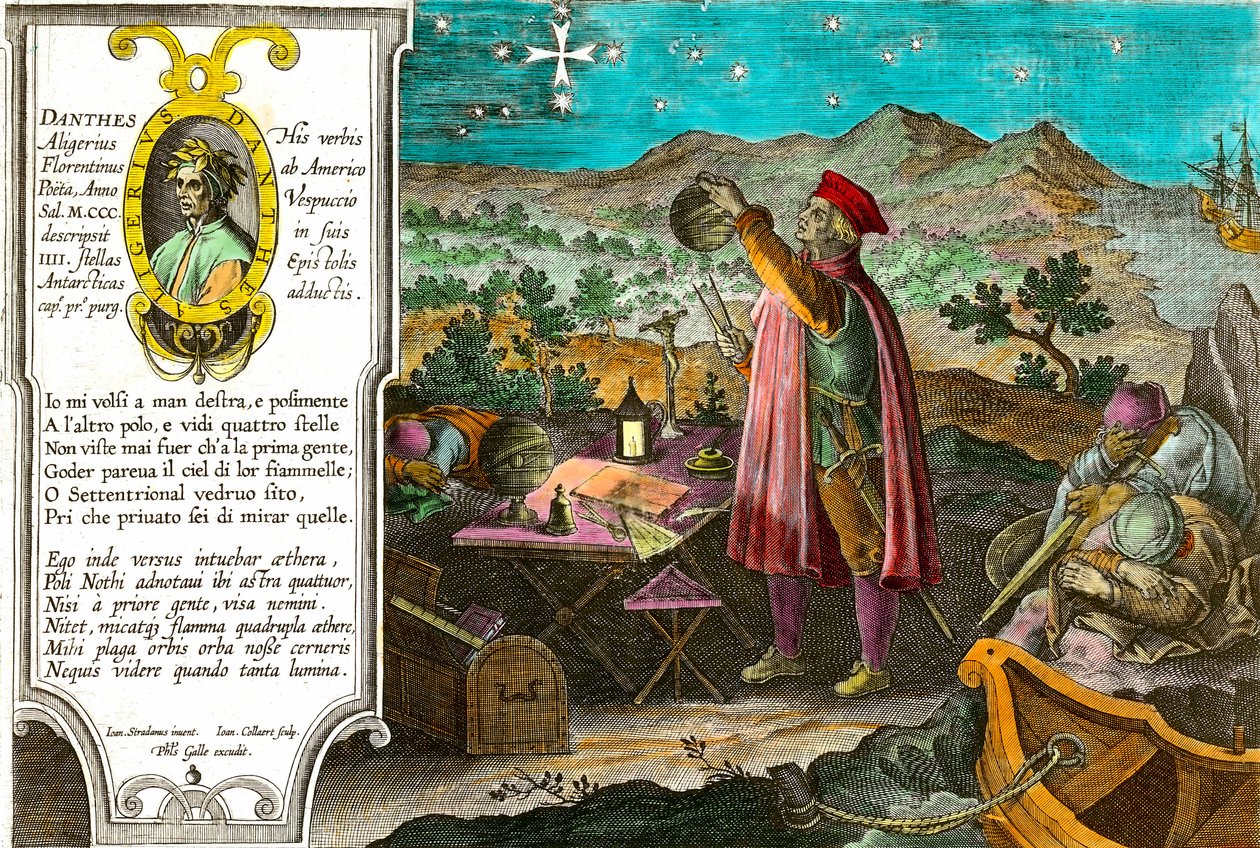 História da América: Amerigo Vespucci (Americus Vespucius) (1451/1454-1512), mercador e navegador italiano usa o seu astrolábio para medir o Cruzeiro do Sul. Retrato à esquerda do poeta italiano Dante Alighieri (1265-1321) e uma passagem da primeira canção de Theodore de Bry