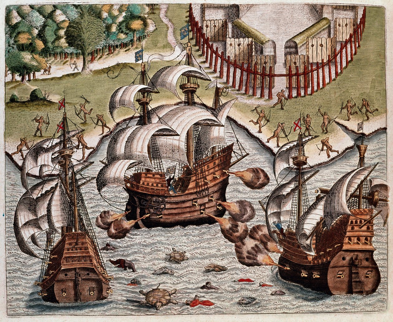História da América: "Batalha entre as frotas portuguesas e as frotas francesas ao largo da costa brasileira nos mares Potiguaranos" Recito das viagens de Hans Staden, explorador alemão que partiu com as frotas espanholas para o Brasil, capturado pelo Tupi de Theodore de Bry