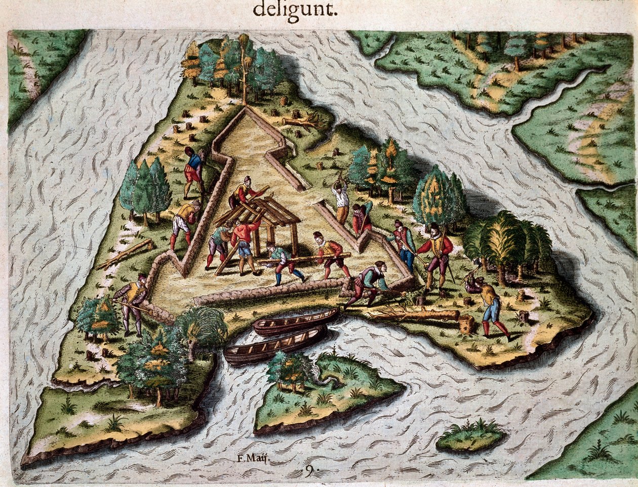 História da América: "Construção de um forte triangular pelas armees francesas de Jean Ribault (ou Ribaud) perto do Rio St John na Flórida" Gravação de "Admirante Narratio Americae" (História da América) por Theodore de Bry (1528-1598) de Theodore de Bry