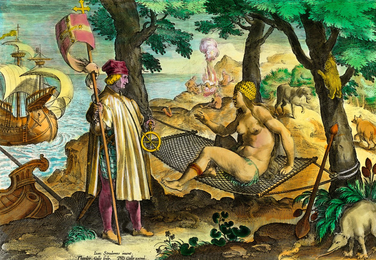 História da América: Primeiro contato do navegador italiano Amerigo Vespucci com os índios da América de Theodore de Bry