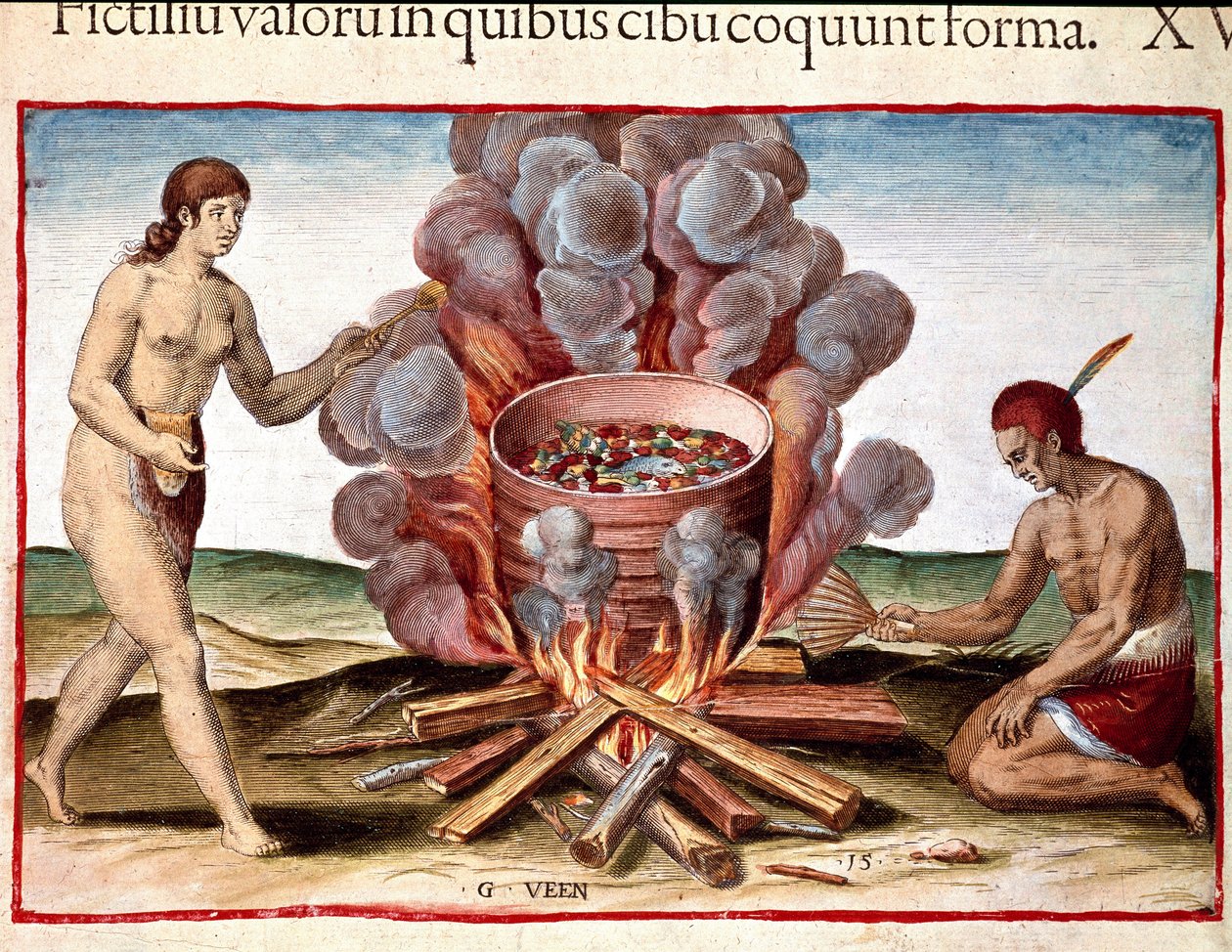 História da América: "Indian cooking fish" Gravura de "Admirante Narratio Americae" de Theodore de Bry (1528-1598) de Theodore de Bry
