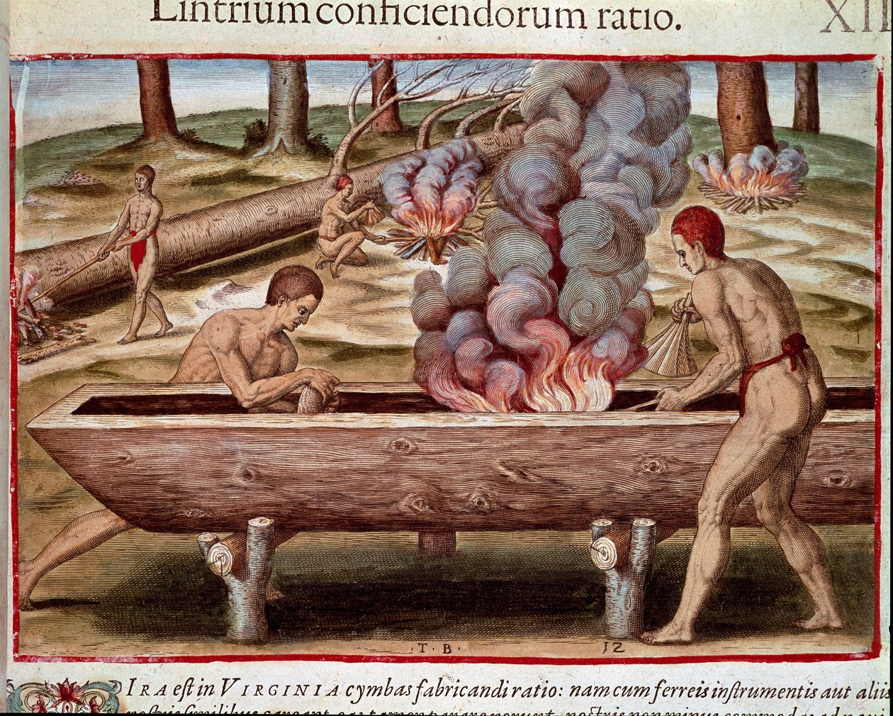 História da América: "Indians Building Boats" Gravura de "Admirante Narratio Americae" de Theodore de Bry (1528-1598) de Theodore de Bry