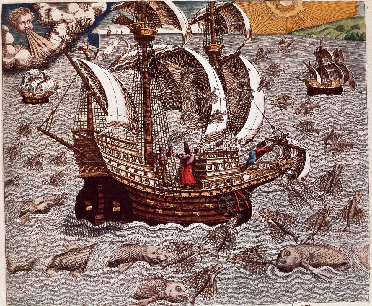 História da América: "Viagem de caravelas espanholas rodeadas de peixes voadores" Recito das viagens de Hans Staden, explorador alemão que partiu com as frotas espanholas para o Brasil, capturado pelos índios Tupinamba. Gravura de "Americae tertia pars mem de Theodore de Bry