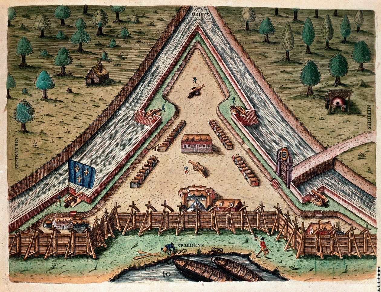 História da América: "Life of Fort Carolina, Bastion of Carolina" "Engraving from "Admirante Narratio Americae" de Theodore de Bry (1528-1598) depois de um desenho de Jacques le Moyne (de Morgues) (1533-1588) de Theodore de Bry