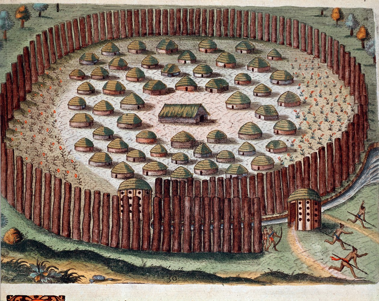 História da América: "Representação de uma aldeia indígena fortificada na Flórida" Gravura de "Admirante Narratio Americae" de Theodore de Bry (1528-1598) de Theodore de Bry
