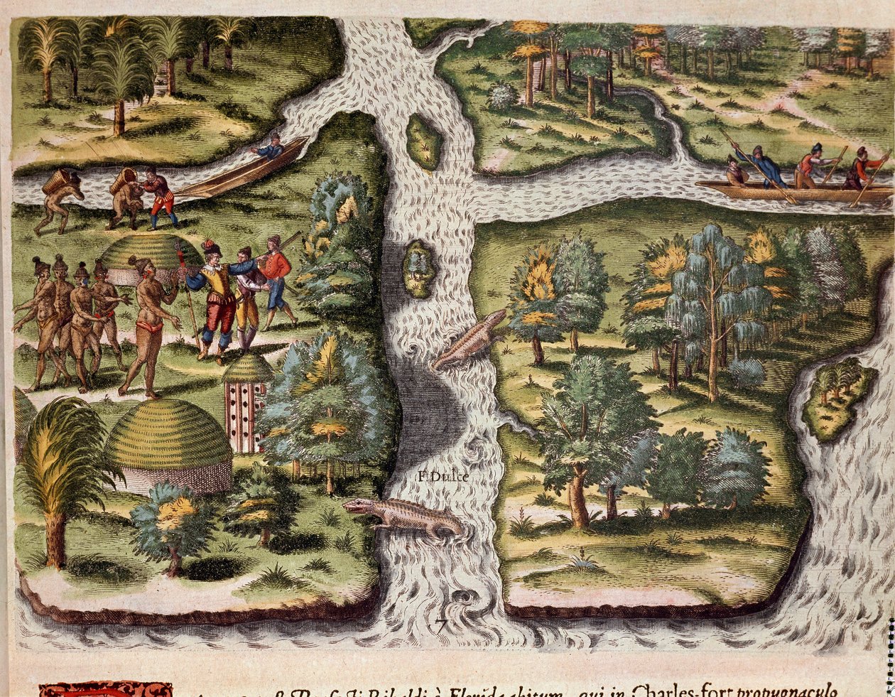 História da América: "Os franceses da expedição de Jean Ribault (ou Ribaut) estabelecidos em Charlesfort (Fort Carolina) fornecem comida aos índios da Flórida, os jacarés estão representados nos rios" Gravura do "Admirante Narratio Americae" (História o de Theodore de Bry