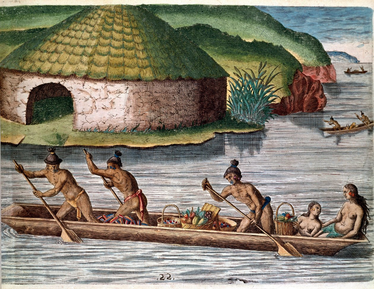 História da América: "O transporte de alimentos em barcos" Gravação de "Admirante Narratio Americae" (História da América) por Theodore de Bry (1528-1598) de Theodore de Bry