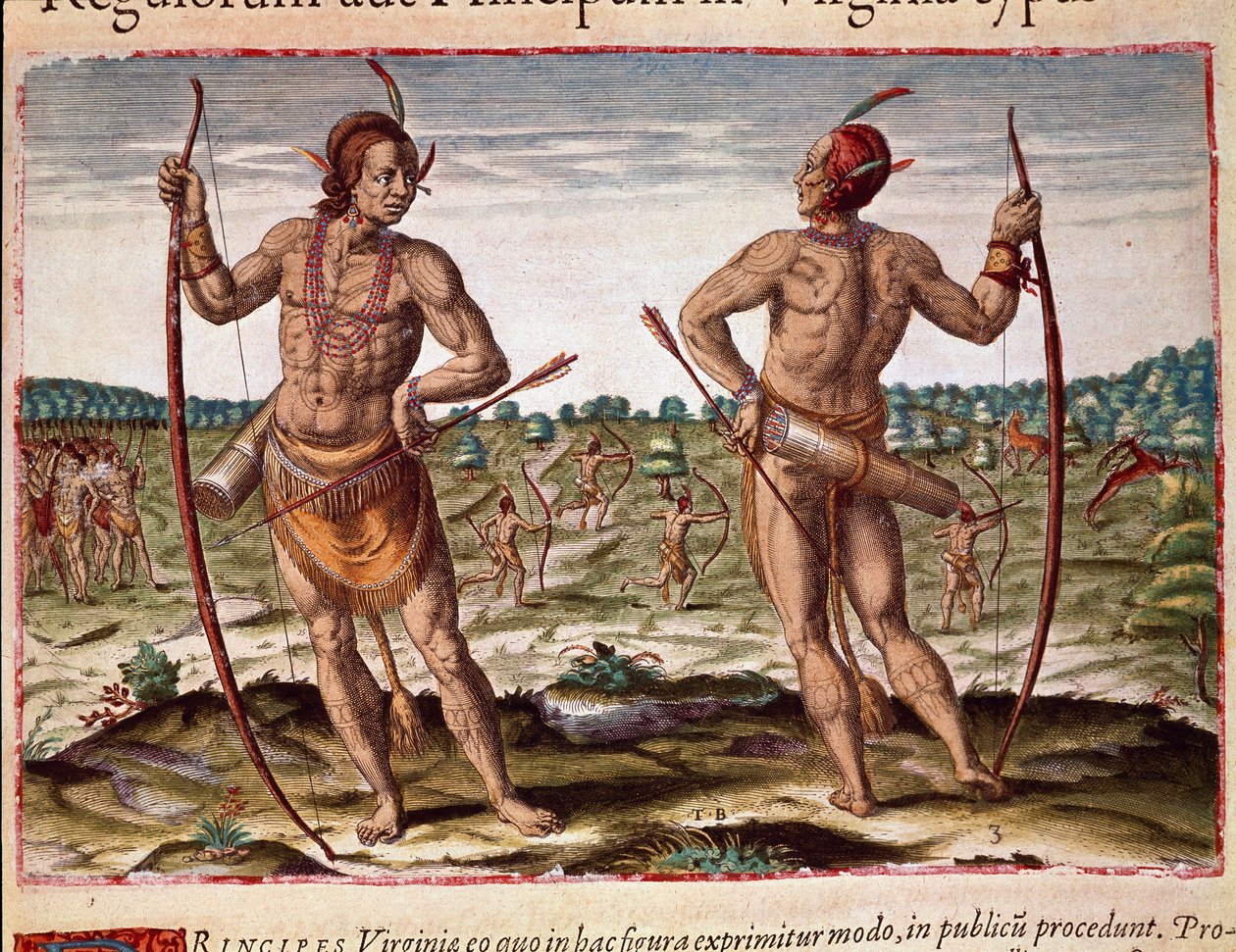 História da América: "Two inhabitants of Virginia, Indian weapons of flews and bow" Gravura de "Admirante Narratio Americae" de Theodore de Bry (1528-1598) de Theodore de Bry