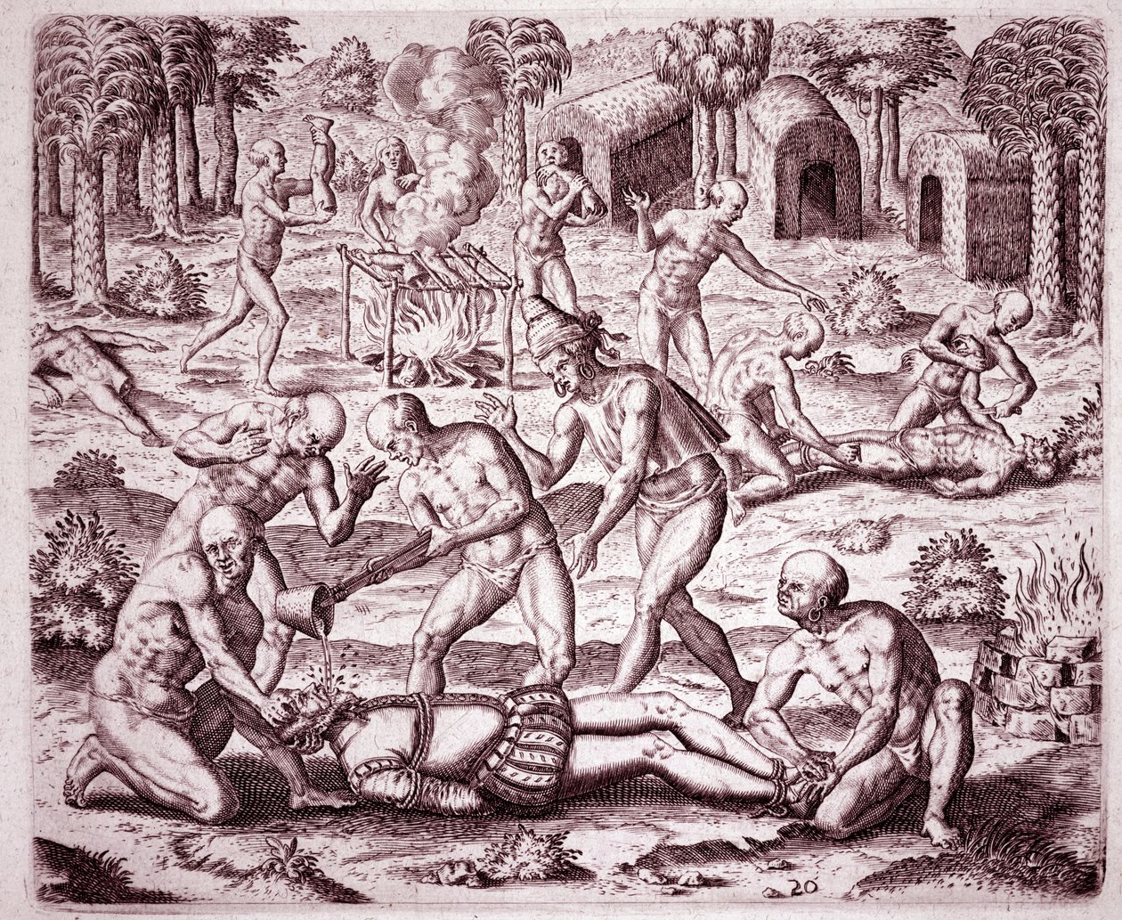 História da América: descrição das torturas infligidas pelos índios aos colonos espanhóis, derramando ouro em suas bocas e cortando seus membros para comê-los (Gravura de Theodore de Bry