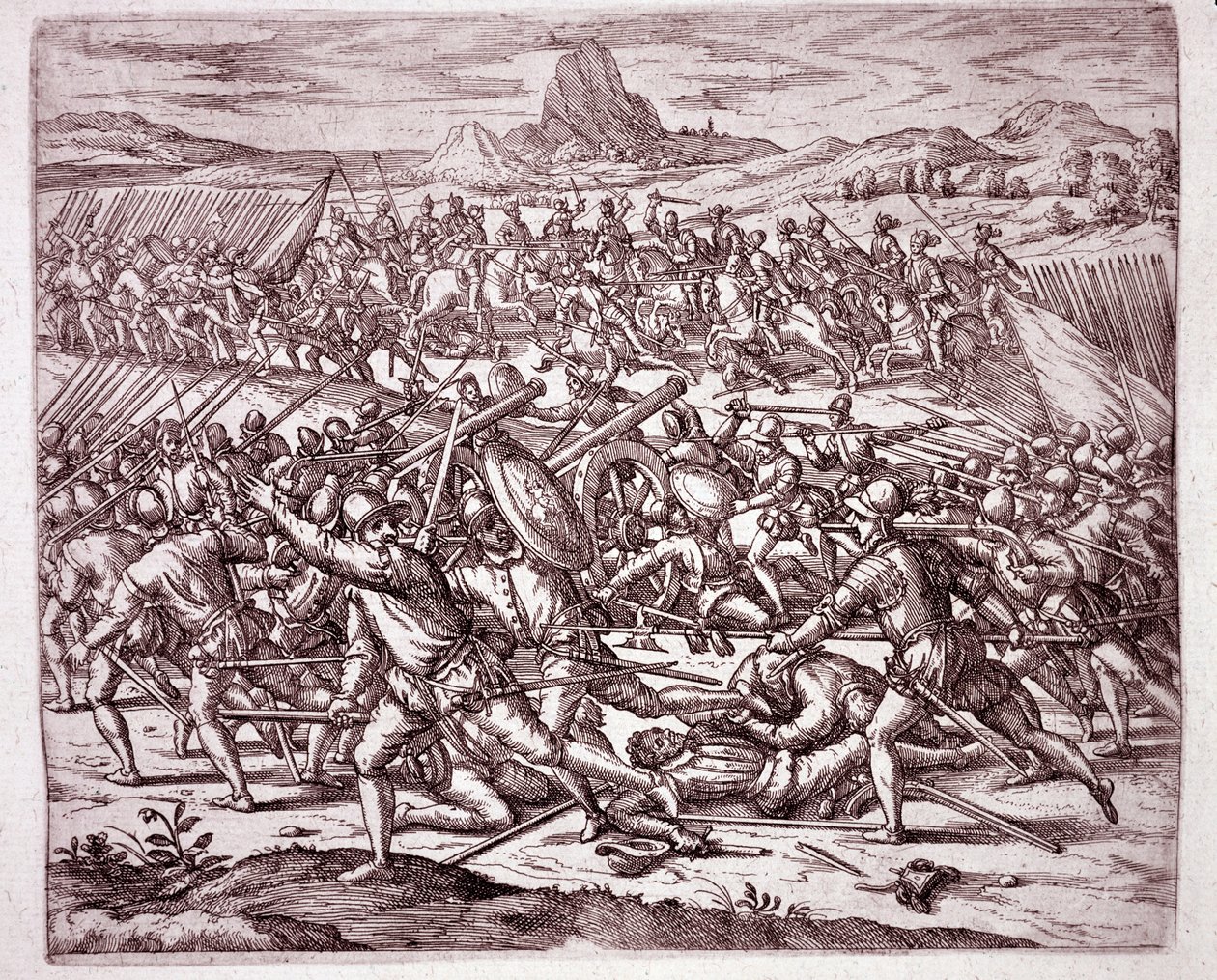 História da América: lutas entre os exércitos de Vaca de Castro e Almagro junior após a morte de Francisco Pizarro e Diego de Almagro (Gravura de Theodore de Bry