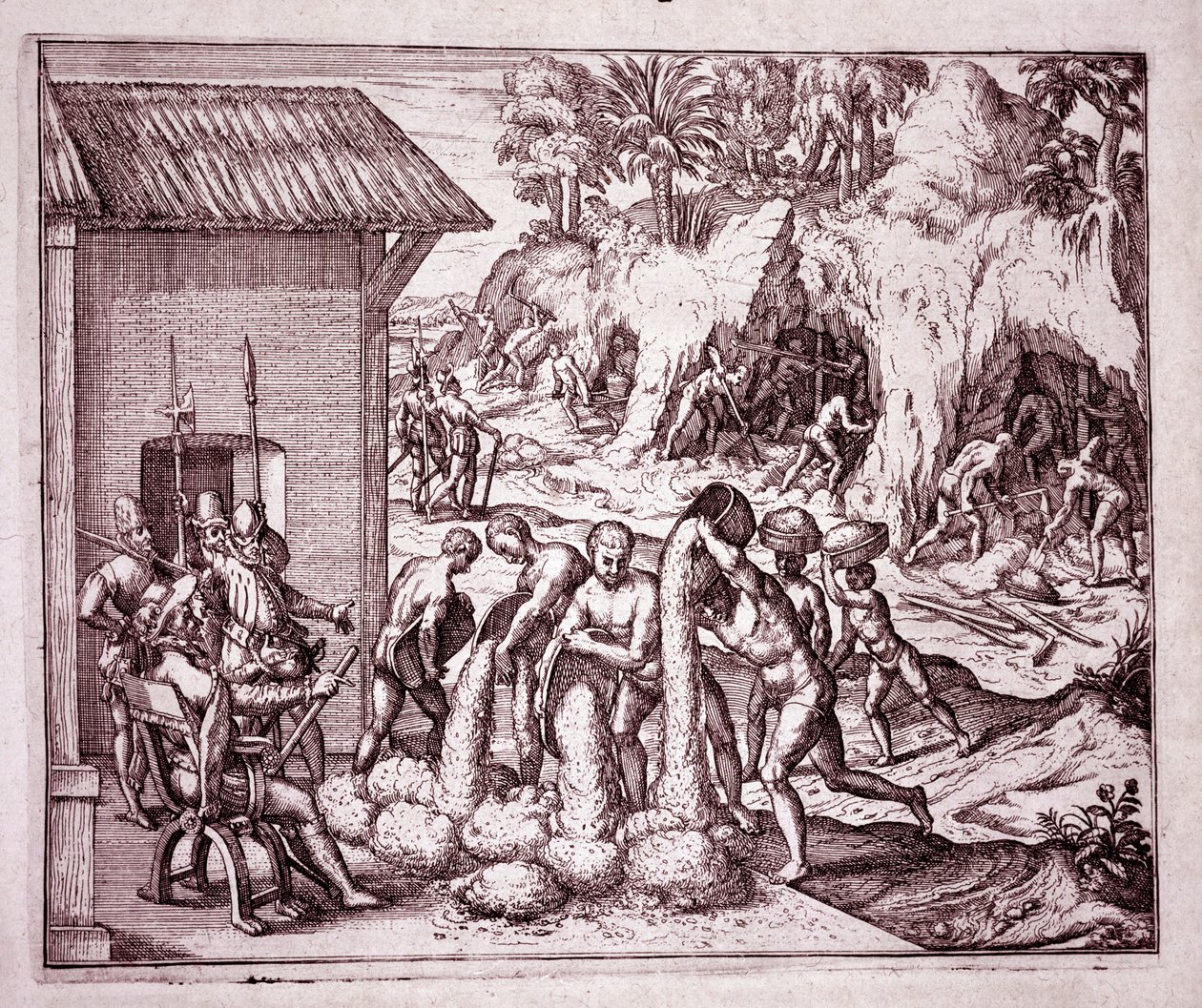 História da América: os espanhóis exploram as minas de ouro (Gravura de Theodore de Bry