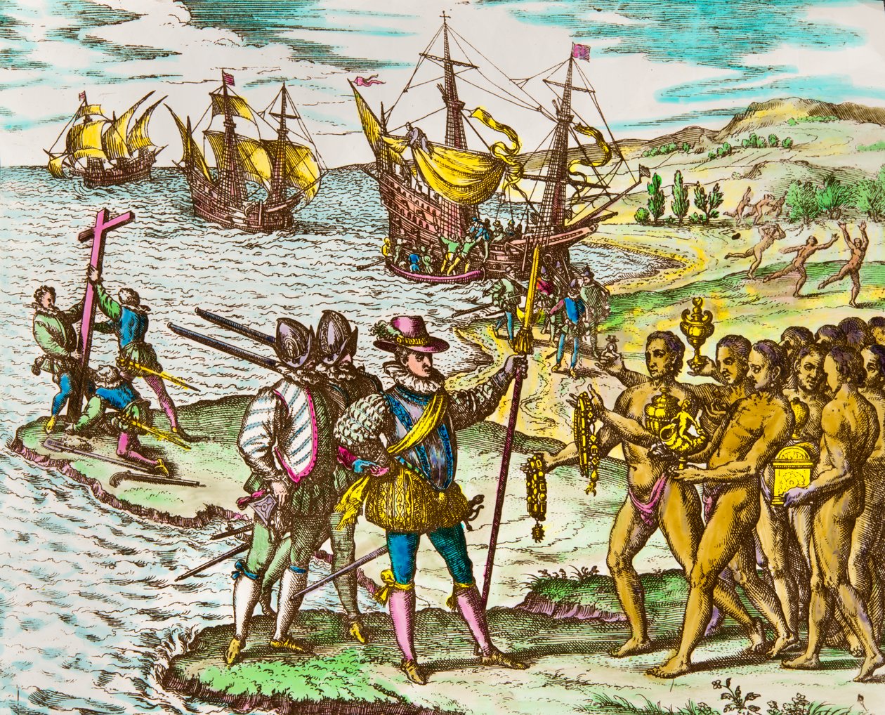 História da América: o explorador Cristóvão Colombo (1451-1506) é recebido pelos índios na sua chegada ao Novo Mundo" Gravura de Theodore De Bry (1528-1598) Gravura do século XVI de Theodore de Bry