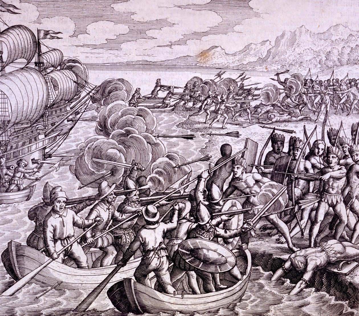 Como os espanhóis desembarcaram na ilha do Haiti, com 400 homens que levaram a uma grande batalha com os nativos, ilustração da "Viagem de Vespúcio às Índias Ocidentais" de Theodore de Bry