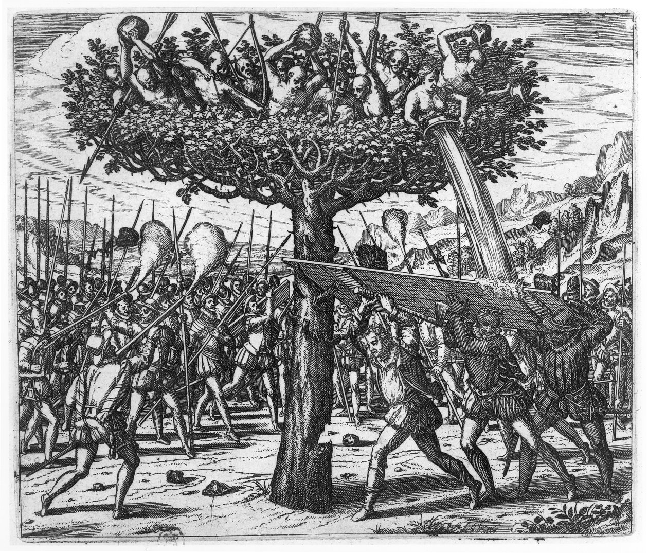 Índios em uma árvore Hurling Projéteis no espanhol de Theodore de Bry