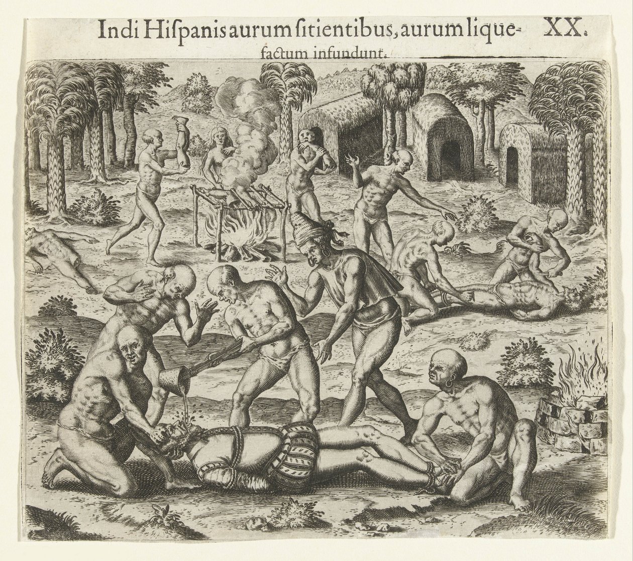 Os índios derramam ouro líquido na boca de um espanhol, 1594. de Theodore de Bry