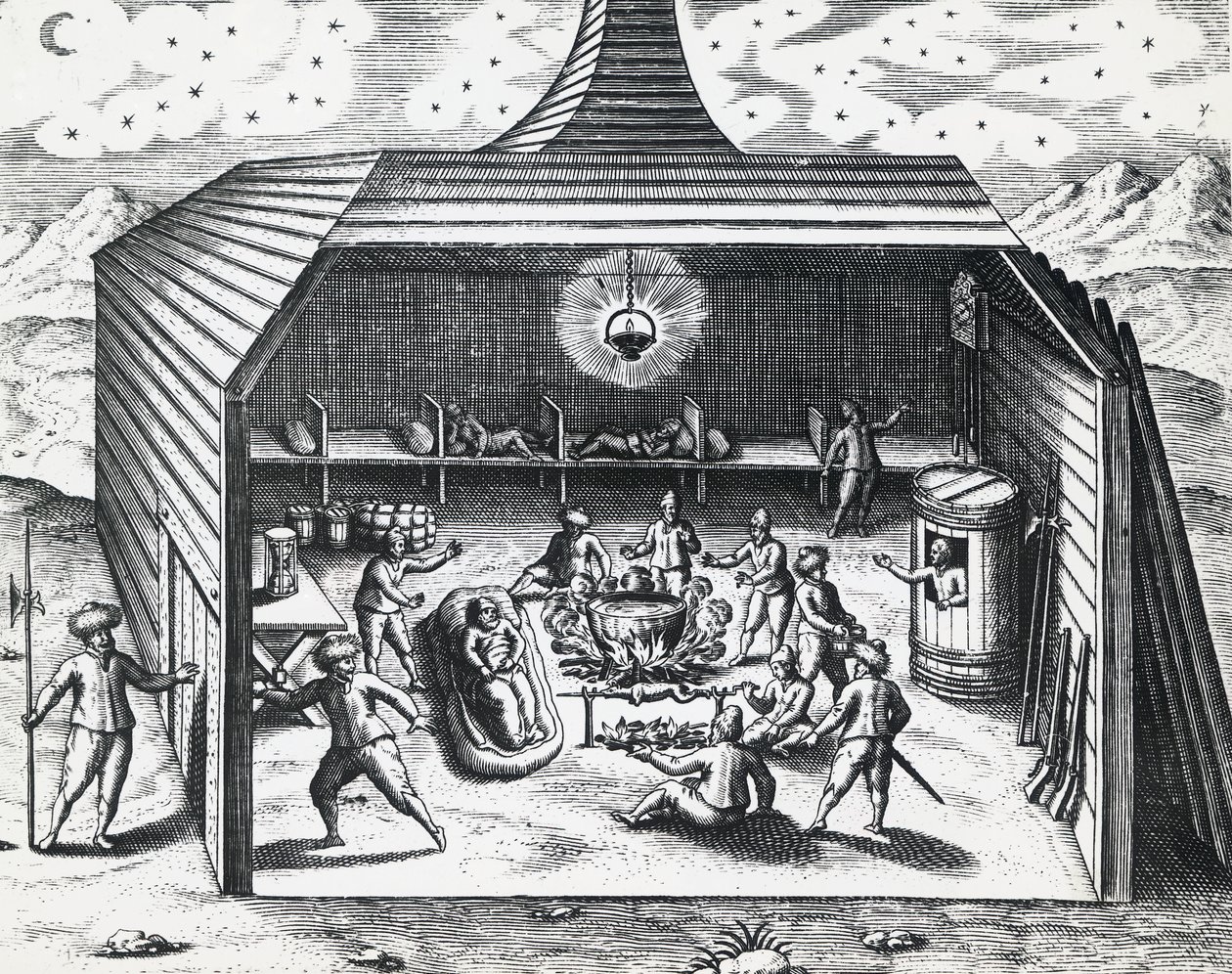 Interior da casa de inverno de William Barents (ca. 1550-1597) no arquipélago russo de Novaya Zemlya, por Theodor de Bry (1528-1598), gravura de Theodore de Bry