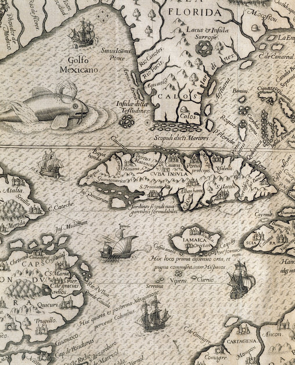 Ilha de Cuba, Flórida e Golfo do México, gravura de History of American Grand Voyages de Theodore de Bry