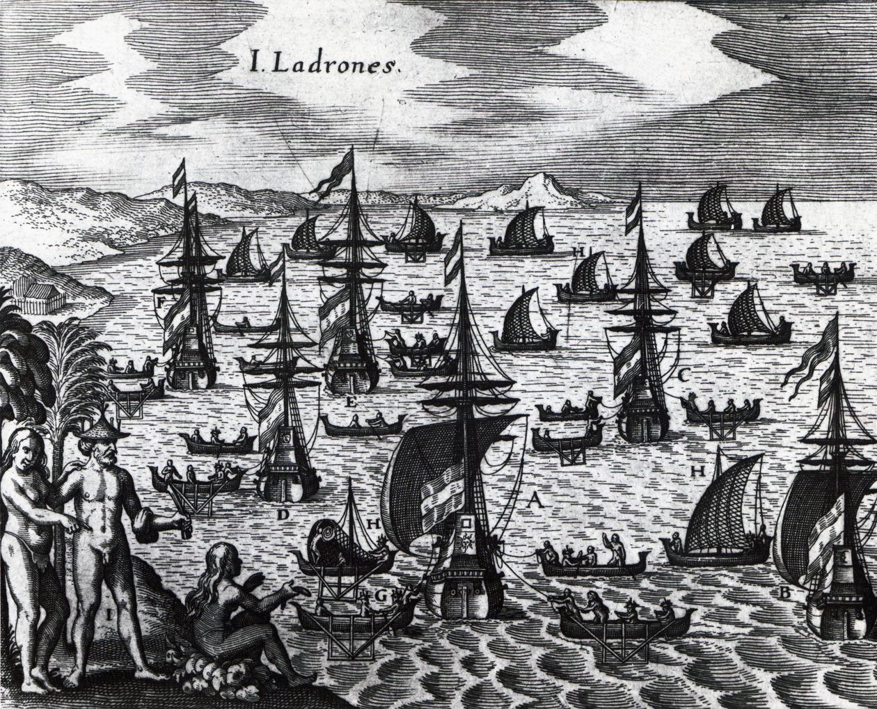 Ilhas dos Ladrões (Islas de los Ladrones, hoje Ilhas Marianas), gravura de Peregrinationes, de Theodor de Bry (1528-1598). Século XVI de Theodore de Bry
