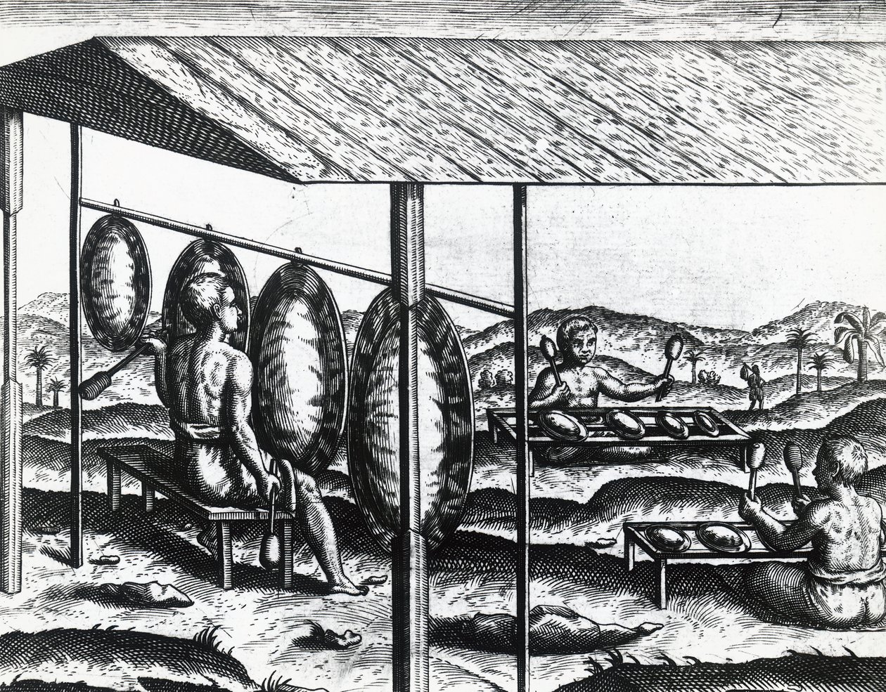 Instrumentos musicais javaneses, de Theodor de Bry (1528-1598), gravura de Theodore de Bry