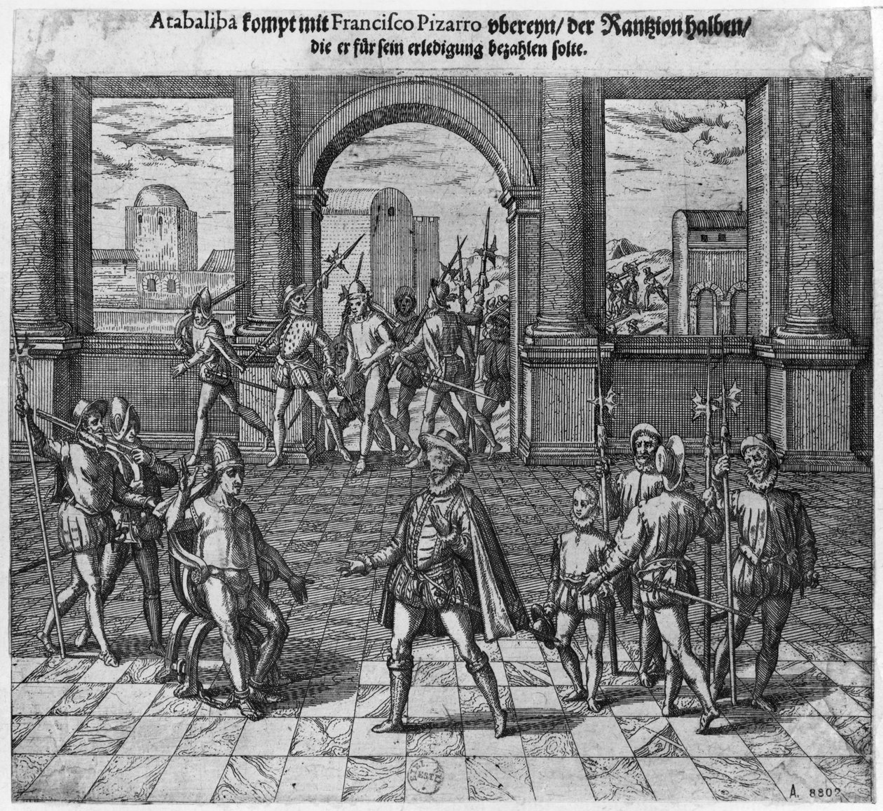 Rei Atahualpa (c.1502-33) tratando seu resgate com Francisco Pizarro, 1533 (gravura) (bw photo) de Theodore de Bry