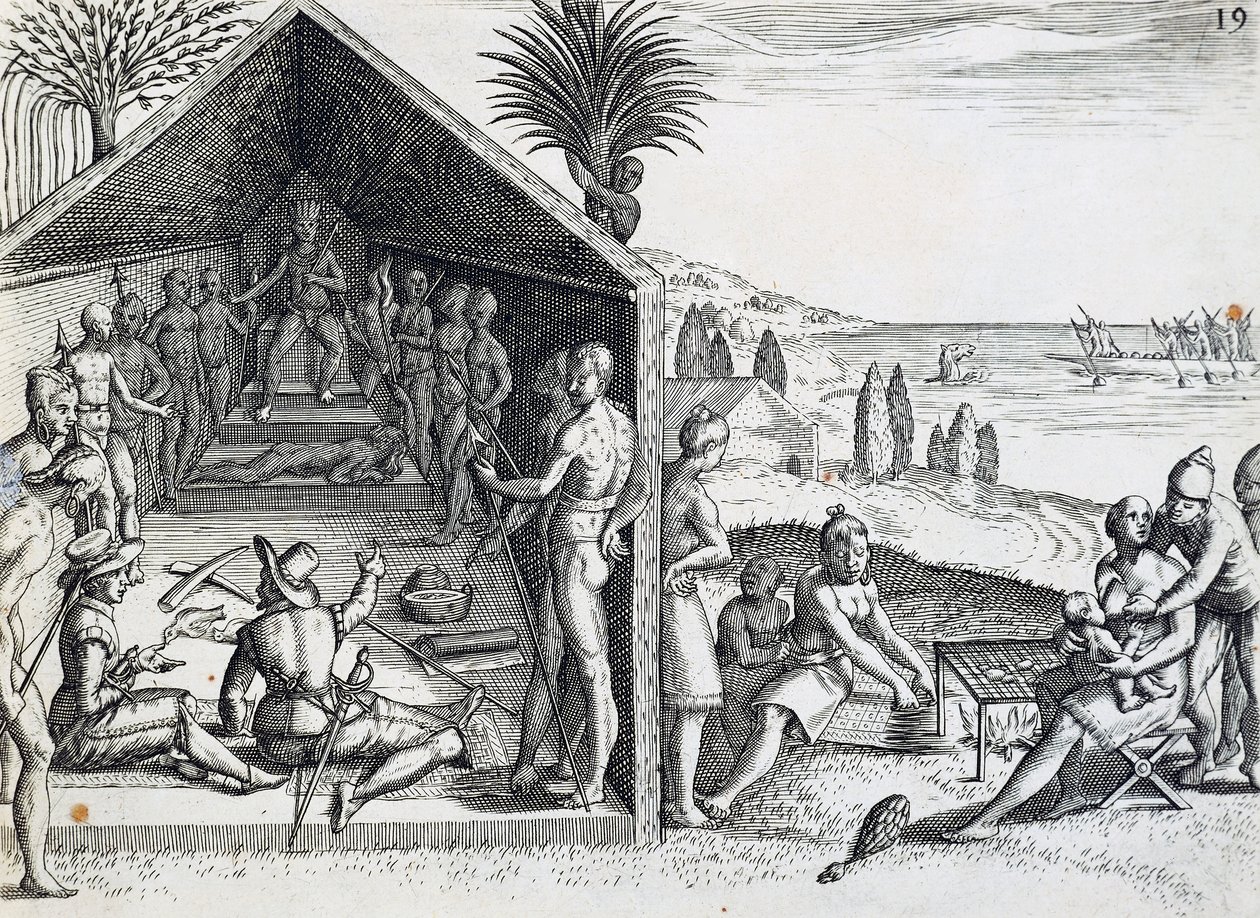 Rei recebendo visitantes europeus, Cabo López, Gabão, gravura da Índia orientalis por Theodor de Bry (1528-1598), África de Theodore de Bry