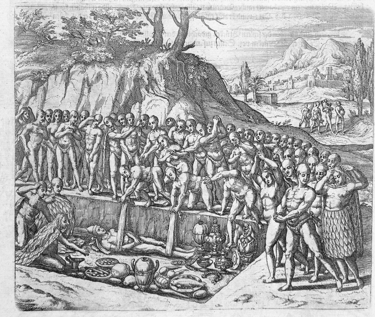 Método de sepultamento de reis e nobreza peruanos a partir do relato de Girolamo Benzoni sobre a conquista do Peru, de "Newe Welt und Americanische Historien" de Johann Ludwig Gottfried, publicado por Mattaeus de Theodore de Bry