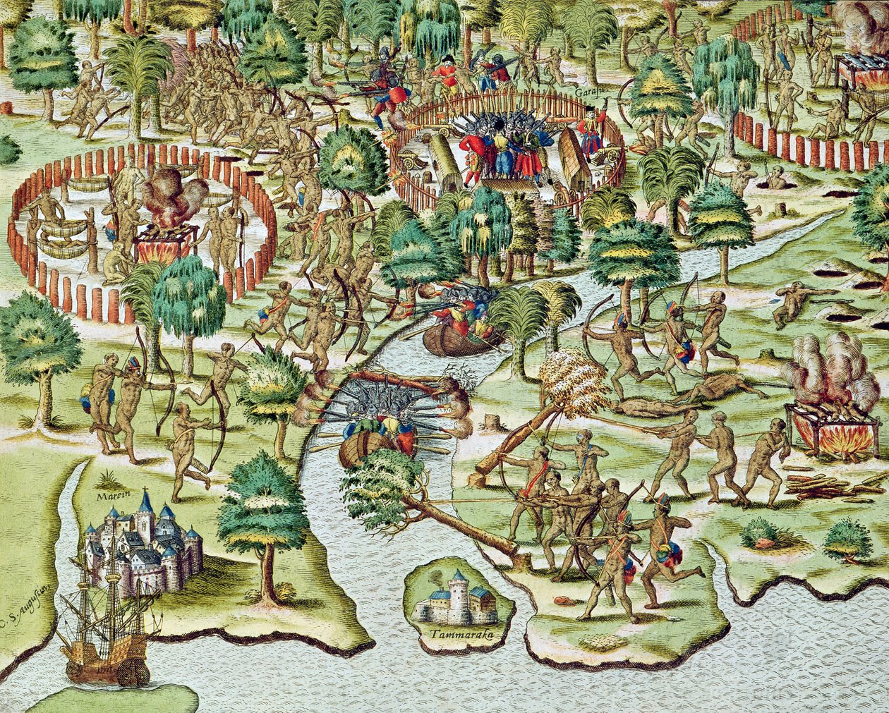 Métodos de Sieging e Attacking, de &39;Americae Tertia Pars ...&39;, 1592 de Theodore de Bry