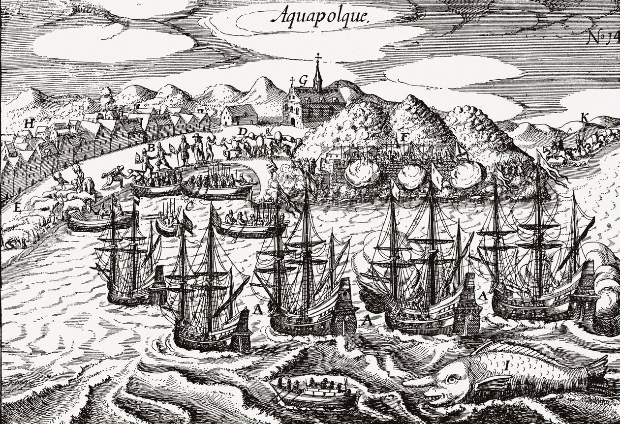 México, Vista de Acapulco - México (Aquapolque), Theodore de Bry, ca. 1630. Vista antecipada do assentamento colonial em Acapulco, que os espanhóis utilizaram como principal porto para o seu comércio do Pacífico com as Filipinas. O porto está repleto de ga de Theodore de Bry