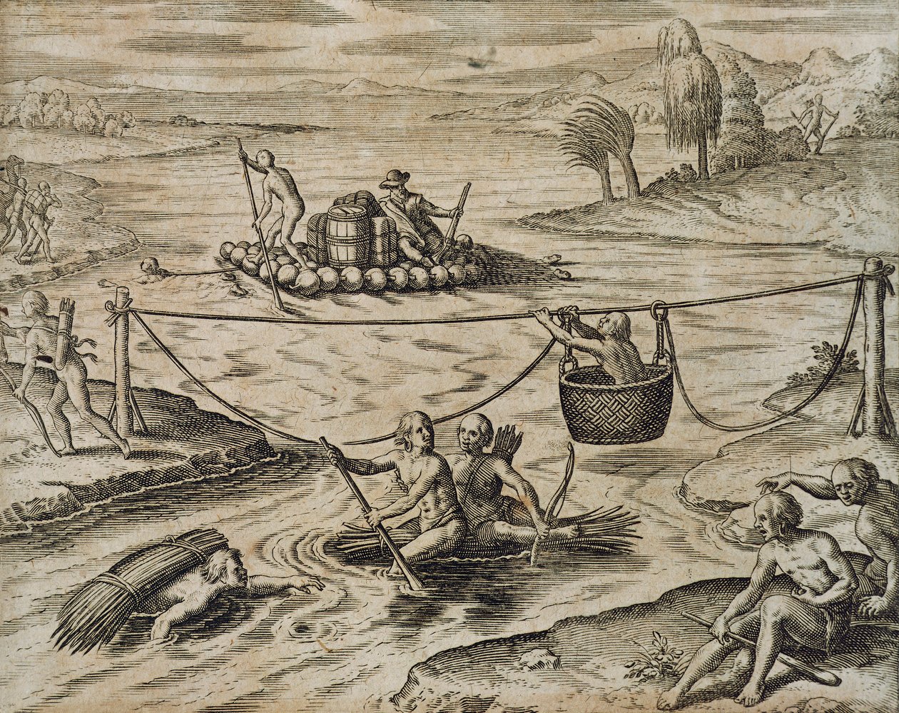 Índios nativos americanos que descem o rio Rapids, por Theodore de Bry de Theodore de Bry