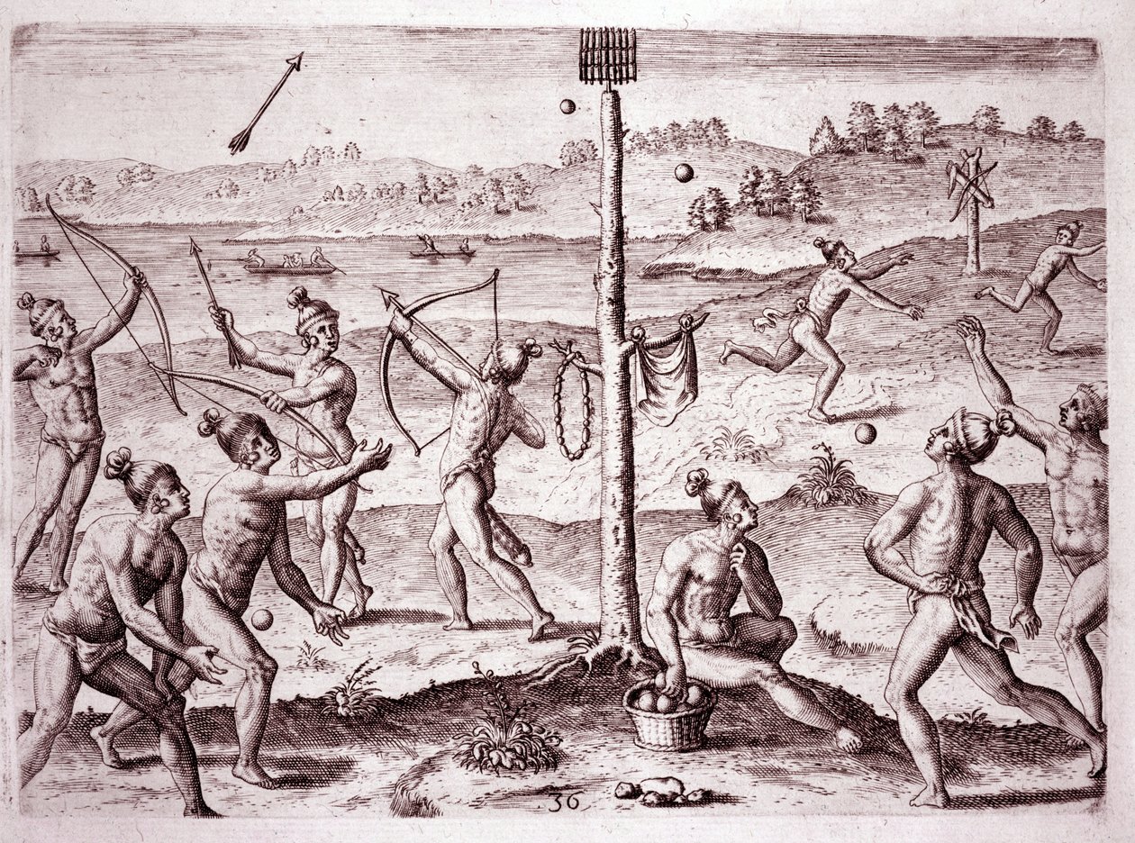 Nativos americanos praticando corrida, atirar flechas e atirar bola, Flórida (Gravação de Theodore de Bry