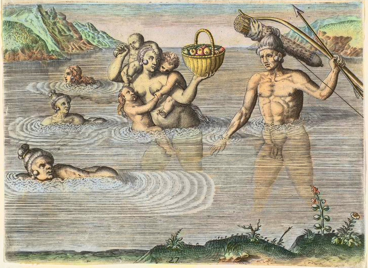 Nativos na Florida: uma família nadando de uma ilha para outra. De "Americae," parte II de Theodore de Bry